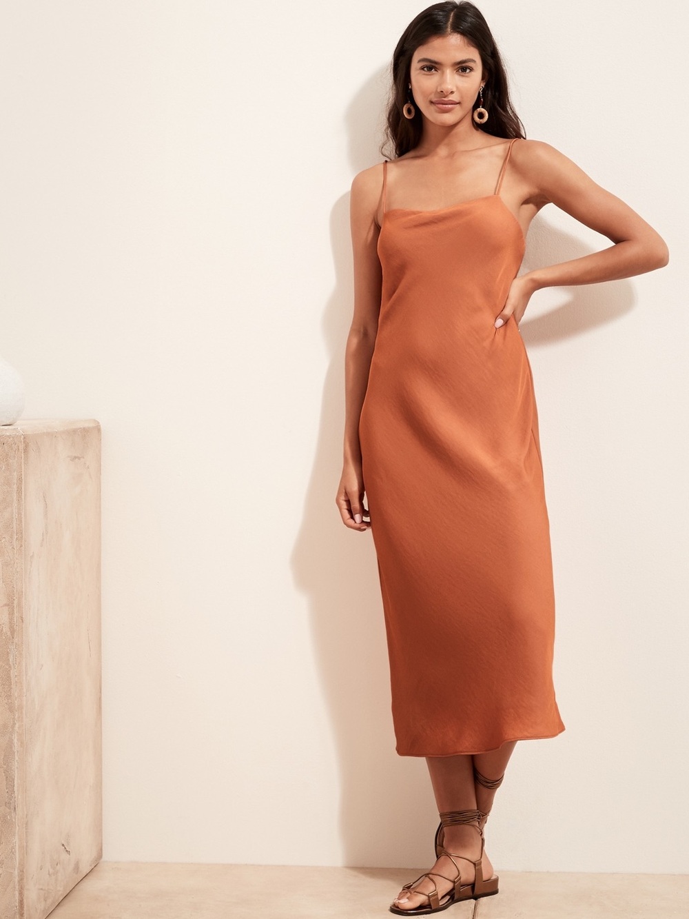 EUC Banana Republic Elegant Satin Midi Slip Dress Comfy Chic Lined Rust Clay M
